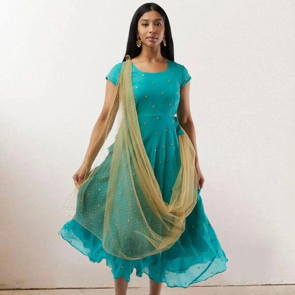 Persian Green Banarasi Georgette Dress with Gold Net Duppatta | Indian Ethnic We - Picture 4 of 5